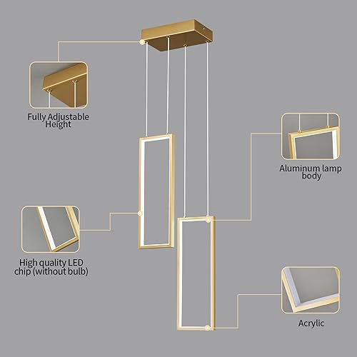 Miniatura 7 de FDPBY Lámpara de araña moderna LED ajustable oro 2 anillos lámpara rectangular para sala de estar, vestíbulo, lámpara de techo alto, lámpara