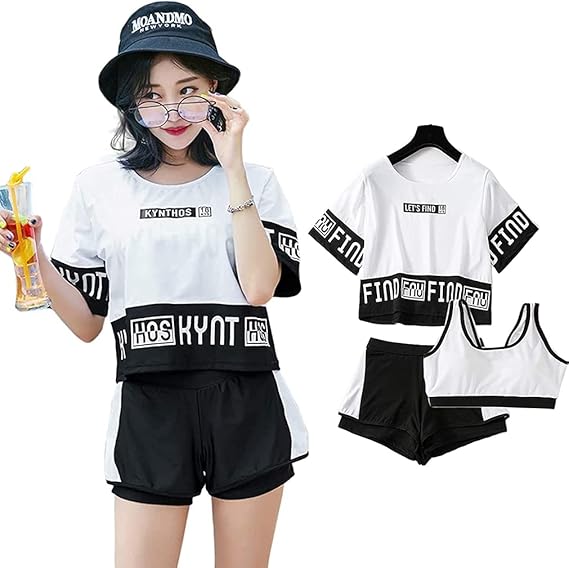 Amazon Co Jp 水着 レディース 3点セット 小胸にもぴったり 体型カバー Uvカット 水陸両用 10代 代 30代 夏 韓国 中学生 高校生 フィットネス水着 ラッシュガード ショートパンツ スポーツブラ ハイウエスト スポーツブラ ショーツパンツ オーバーtシャツ ファッション