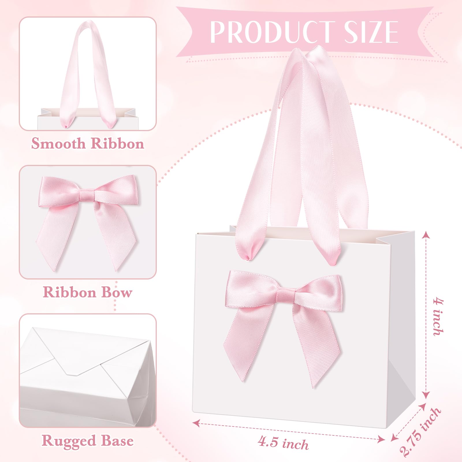 Kolldenn 50 Pcs Mini Gift Bags with Pink Bow Ribbon 4''x2.7''x4.5'' Small White Paper Thank You Goodie Gift Bags Bulk with Handle for Baby Shower Wedding Graduation Party Favor Birthday Return Guests