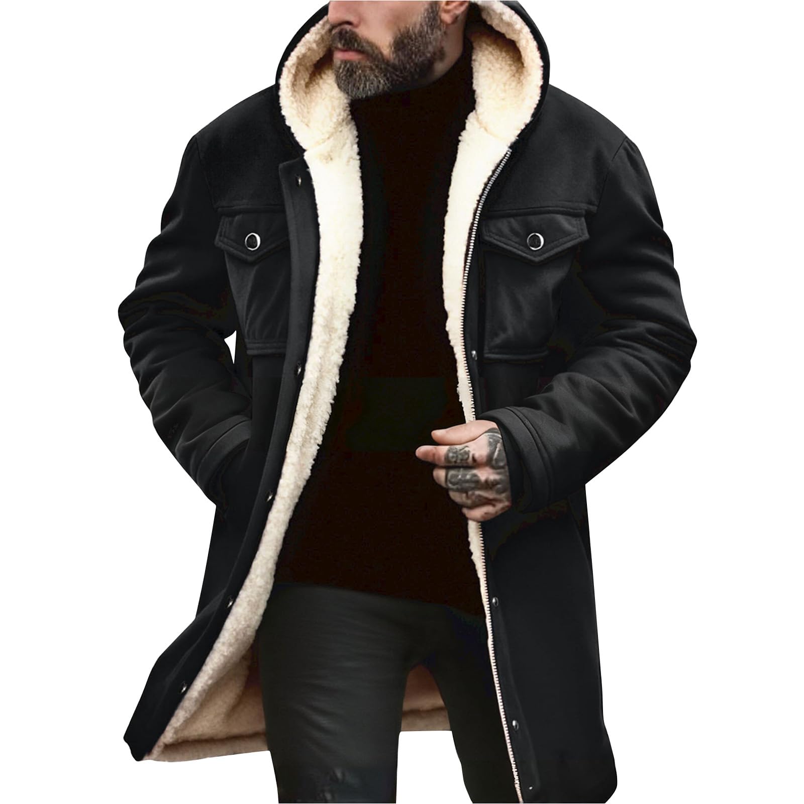 SOOUICKER Mantel Herren Winter mit Kapuze Wintermantel Lang Warm Gefüttert Trenchcoat Fleece Mittellang Winterjacke Fell Vintage