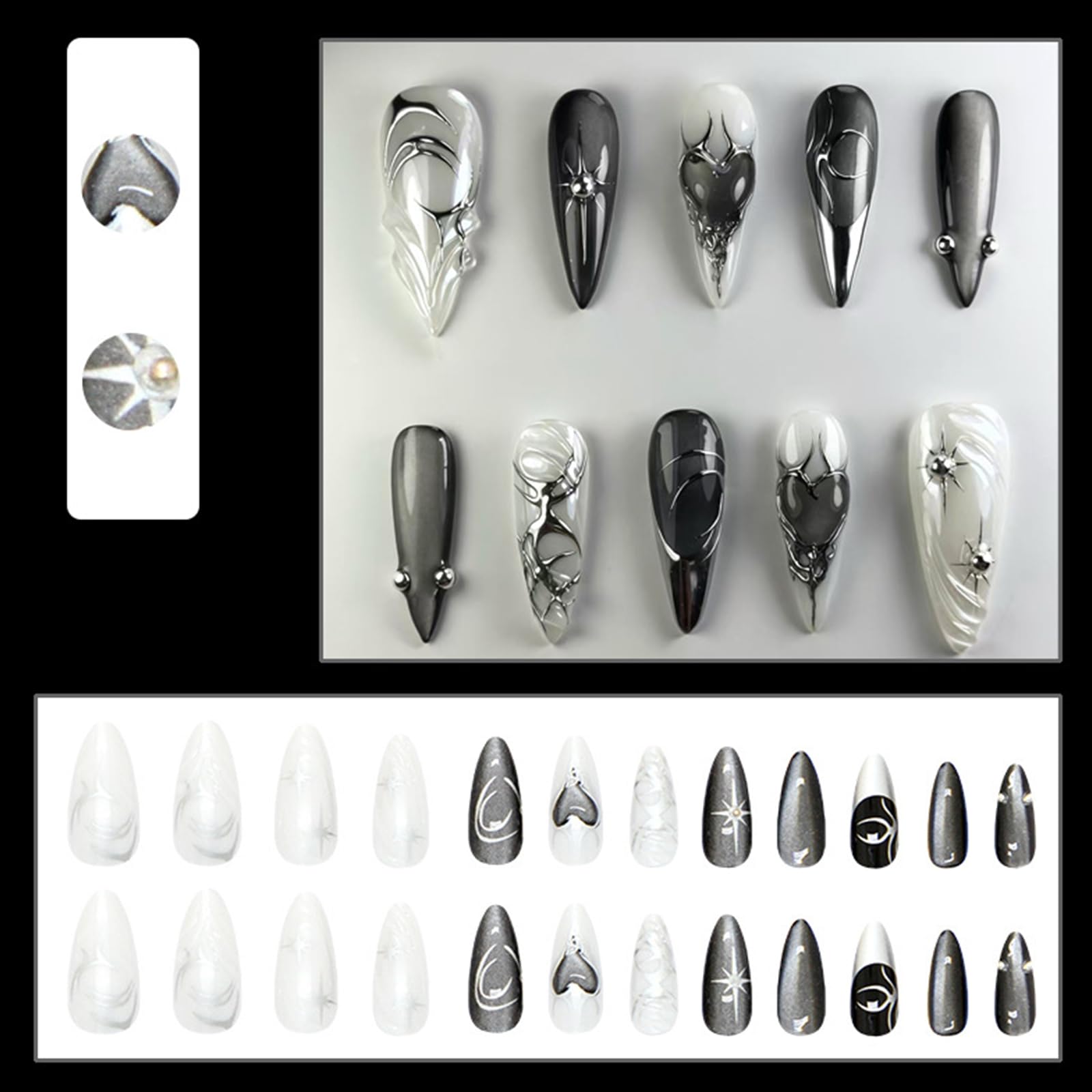 24Pcs Black Cat Eye Almond False Nails Medium - Image 2