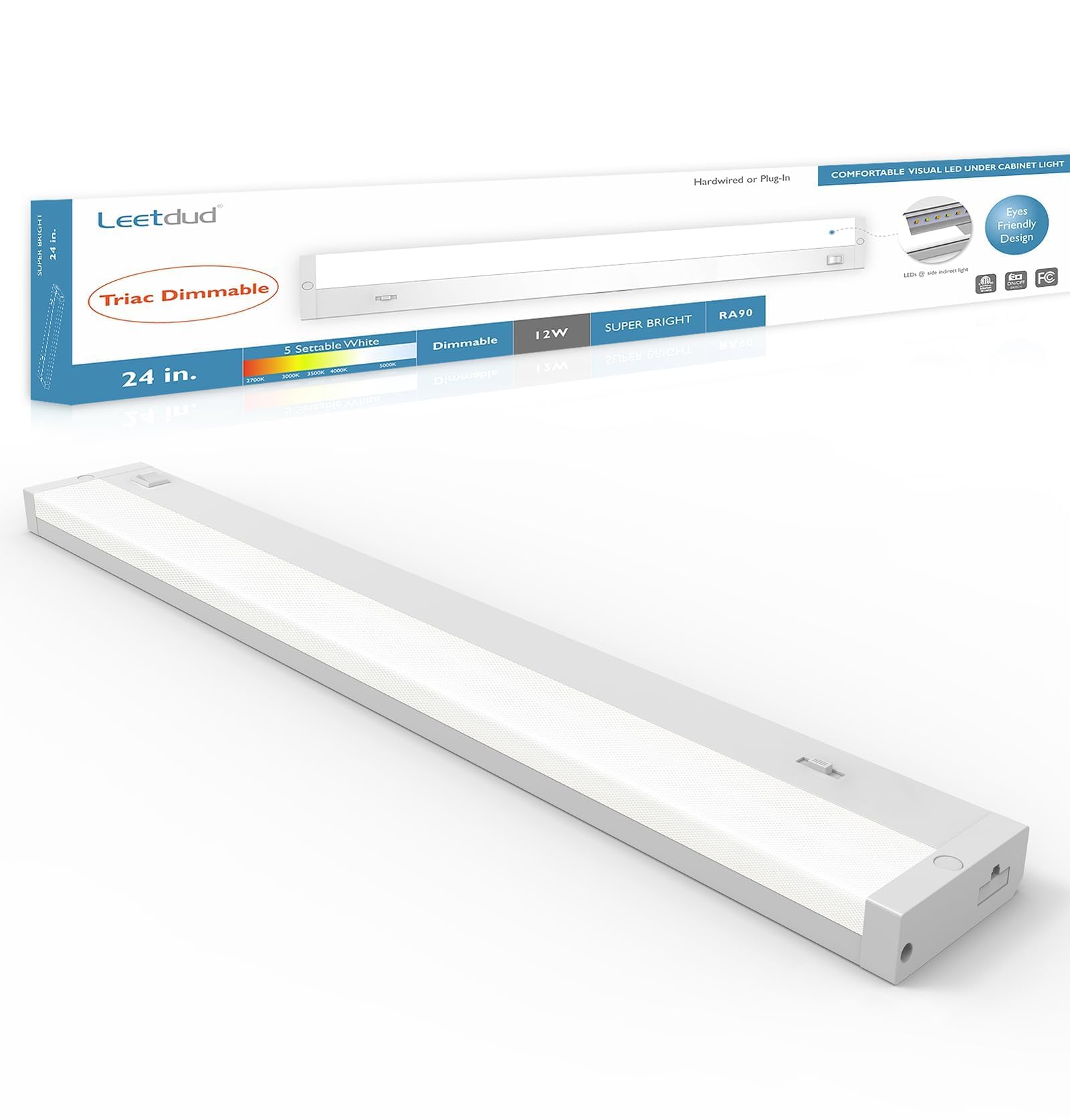 Leetdud Illuminazione LED sotto armadio cablata o plugin, 24 pollici 12W, dimmerabile 5 colori 2700K/3000K/3500K/4000K/5000K, luci di contatore collegabili per la cura degli occhi per cucina