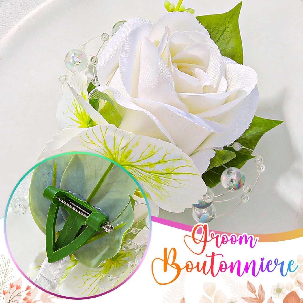 Wedding Flower Boutonniere Groom Rose Buttonholes Prom Suit Decoration for Men (White) image 3