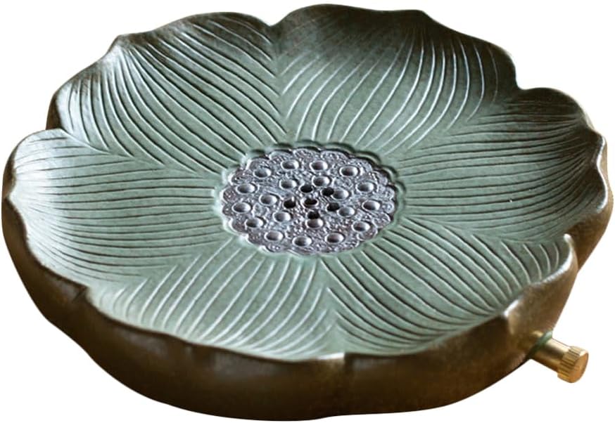 Garneck Tea Tray Ceramic Tea Serving Tray with Draining Board Retro Lotus Pattern Pot Mat Chinese Gongfu Coffee Table Table Box with Water Storage for Kungfu Set 20CM