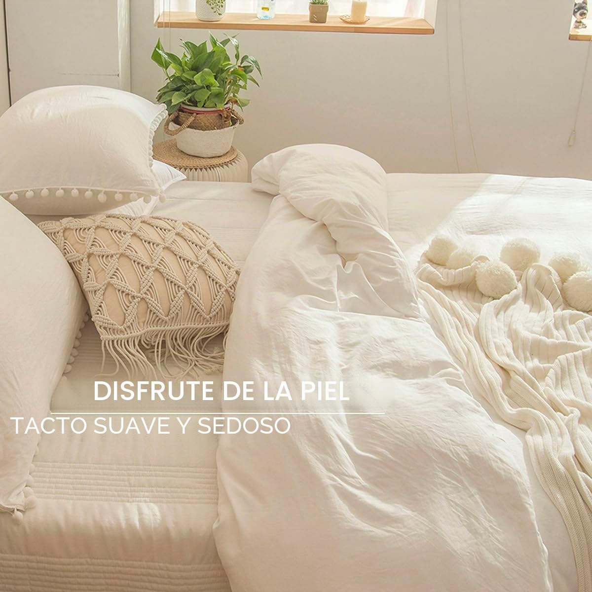 Juego de Funda Nórdica 220x230 cm Blanco Juego de Ropa de Cama Boho con Pompón Bohemia en Microfibra Suave con Funda de Almohada y Cremallera (Blanco, 220x230)