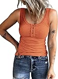 KINLONSAIR Women's Sleeveless Henley Tank Tops Ribbed V Neck Button Down T Shirts Summer Slim Fit Tee Tops Orange