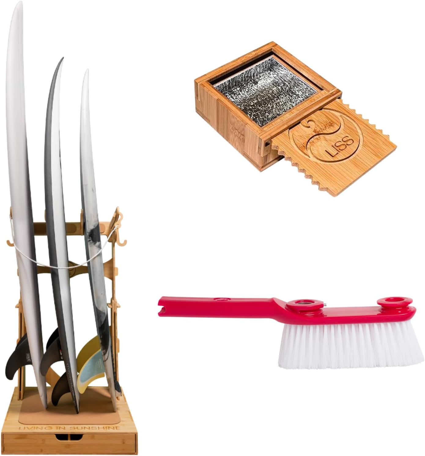 LISS Bundle with The Vertical Surfboard Spirit Rack 3-Board, Wax Box and Clean Fin (Surfboard Fin Removal and Installation Tool, Sand Brush Remover)