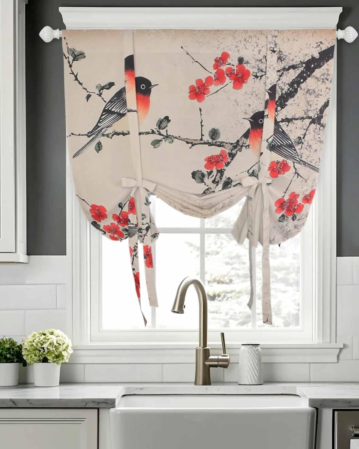 Tie Up Curtain for Windows Bird on Branch Balloon Window Shades for Bedroom Bathroom Adjustable Rod Pocket Plum Blossom Flower Leaves Window Treatments Curtains Valance for Kitchen 52" W x 63" L