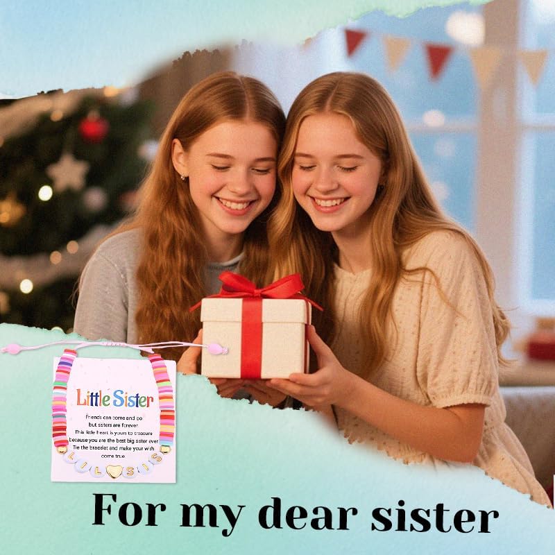 yaozeio Colorful Little Sis Bracelet for Sister Clay Beads Bracelet Gifts for Women Birthday Gifts for Stepsister Fostersister Lil Sis Bracelets from Big Sister Friends Adjustable Bracelets - Image 5
