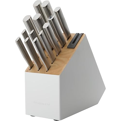 KitchenAid Slim Two-Tone Knife Block Set with Built-In Knife Sharpener, High Carbon Stainless Steel Kitchen Knives, Sharp Kitchen Knife Set with Block, 14-Piece, White