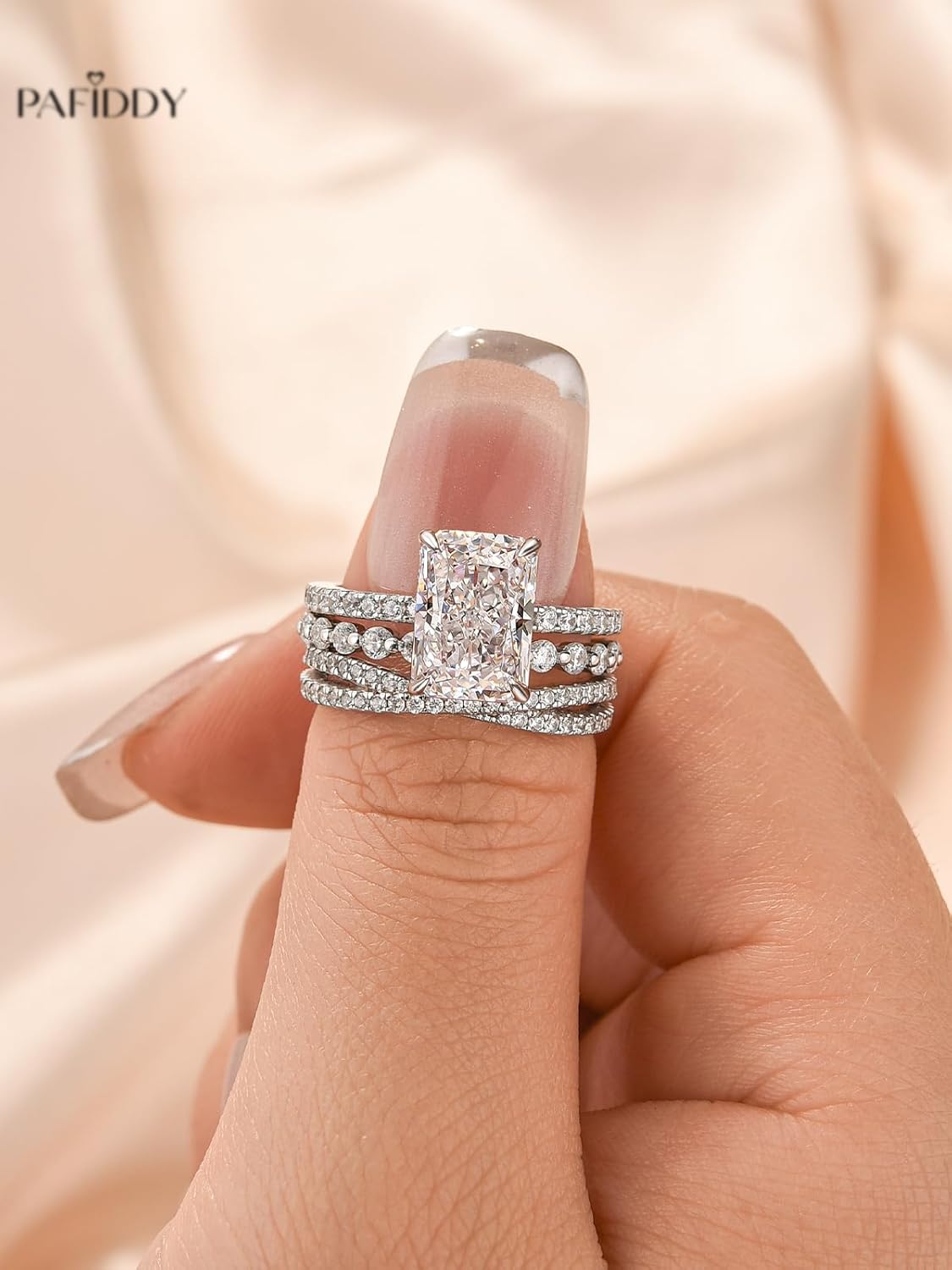 3.5 Carat Radiant Cut Wedding Ring Set for Women, 3 Piece Cubic Zirconia Ring Set, 18K White Gold Plated S925 Sterling Silver CZ Engagement Ring & Wedding Band - Image 6