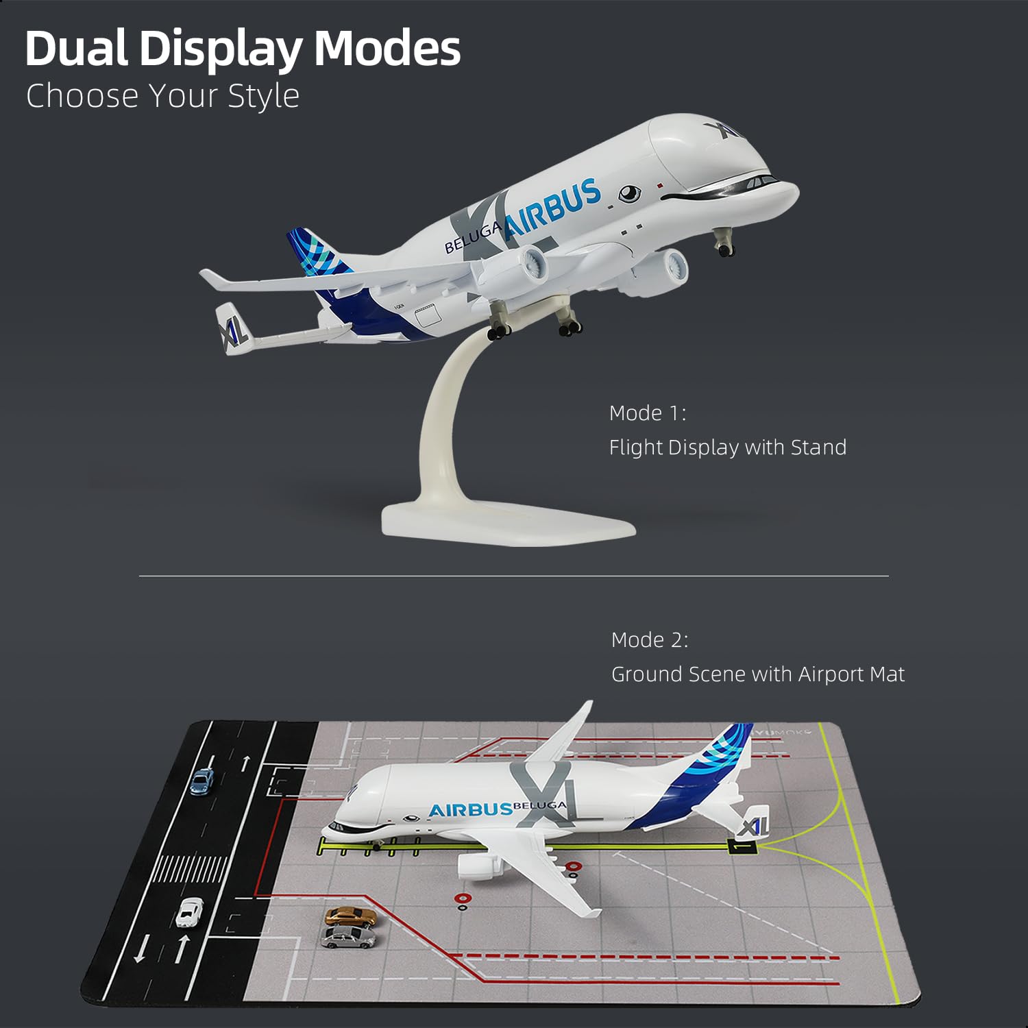 1/300 A330 Beluga XL - Maqueta de avión con alfombrilla de goma y 5 coches Diecast de metal para adultos, coleccionistas y decoración (alfombra: 25 x 35 cm)