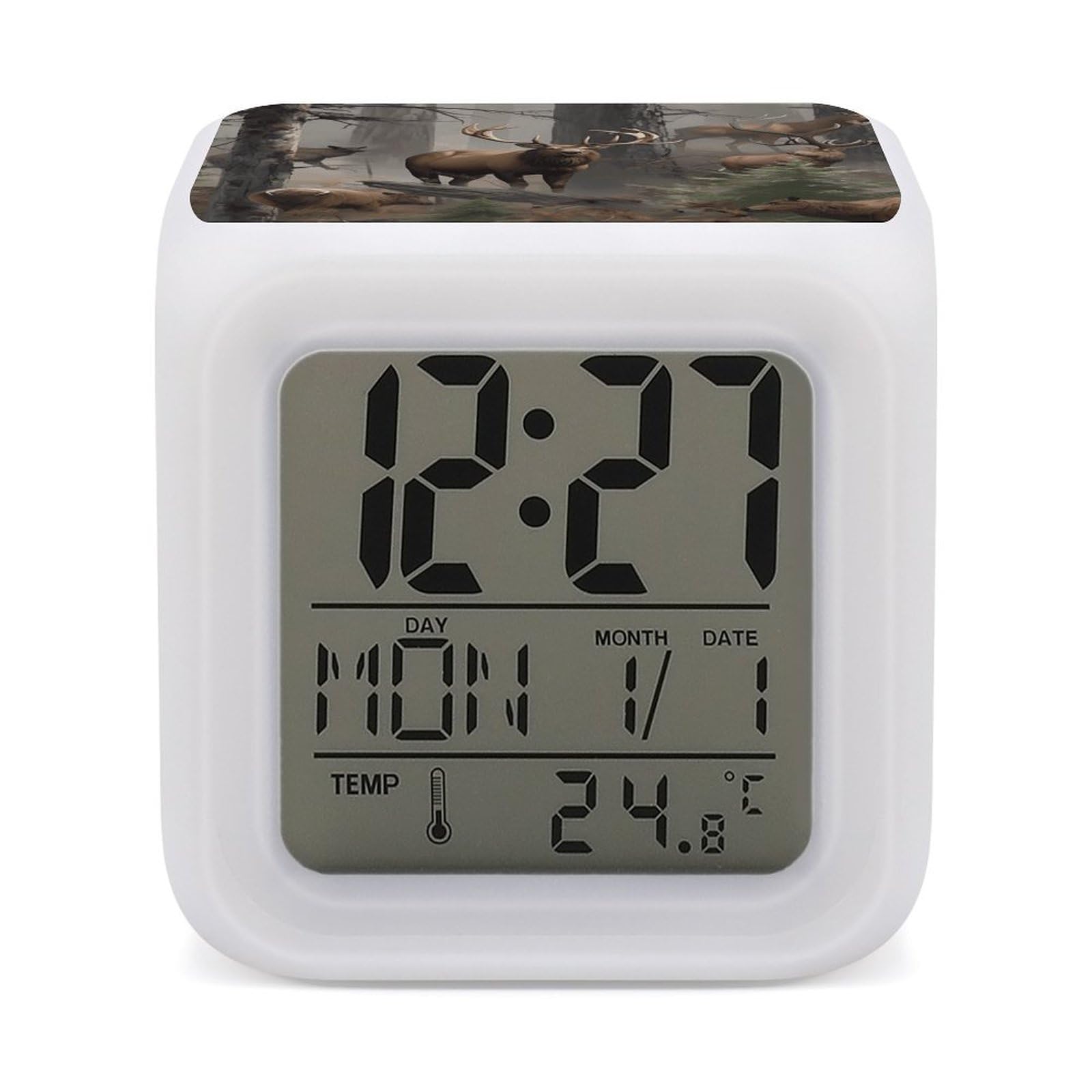 DWVTSLH Hunting Deer Bear Elk Alarm Clock with 7 Color Changing Night Light, Wake Up Digital Clock for Bedroom, Bedside Cube Clock with Date, Temperature, Battery Operated Desk Clock Gift