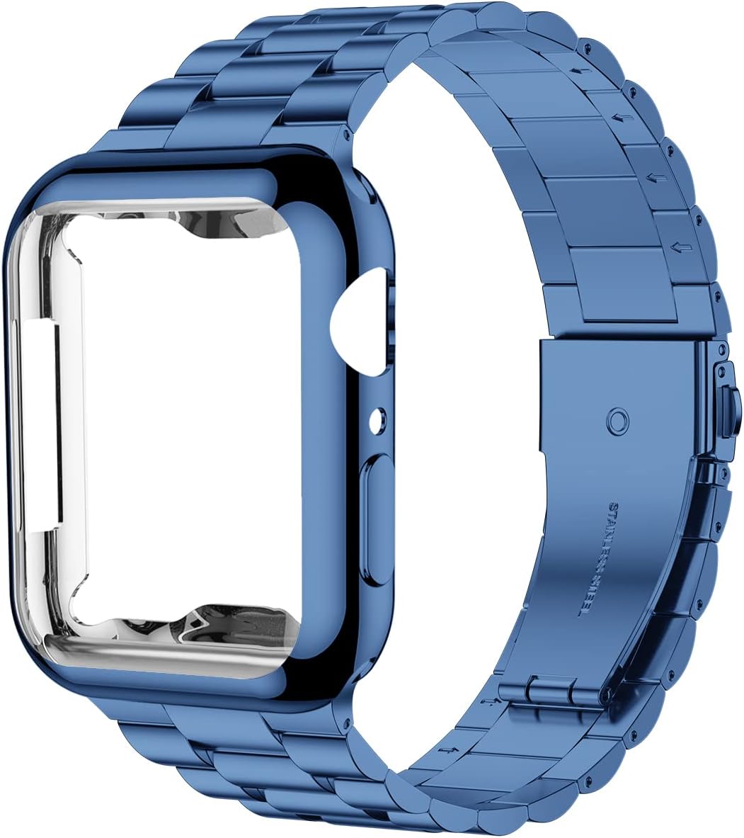 iiteeCompatible with Apple Watch Strap 45mm Series 9 8 7, Upgraded Stainless Steel Link Replacement Band with iWatch Screen Protector Case Blue/Blue Series 7