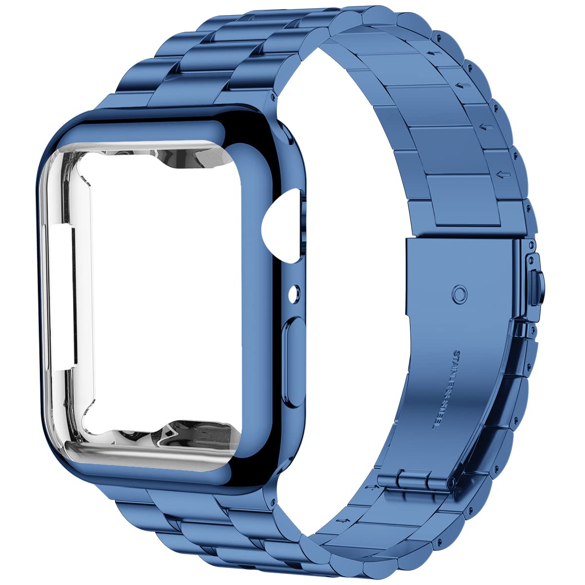 iiteeCompatible with Apple Watch Strap 45mm Series 9 8 7, Upgraded Stainless Steel Link Replacement Band with iWatch Screen Protector Case Blue/Blue Series 7