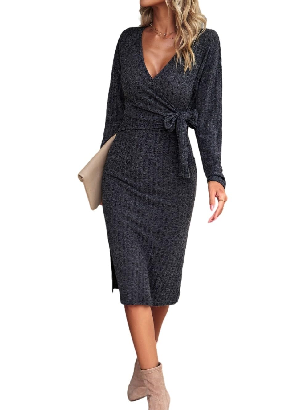 COSKTIARLSexy Women Knitted Dress - Autumn V Neck Basic Rib Tight Night Dresses Solid Color Midi Bodycon Dress for Women Office, Parties