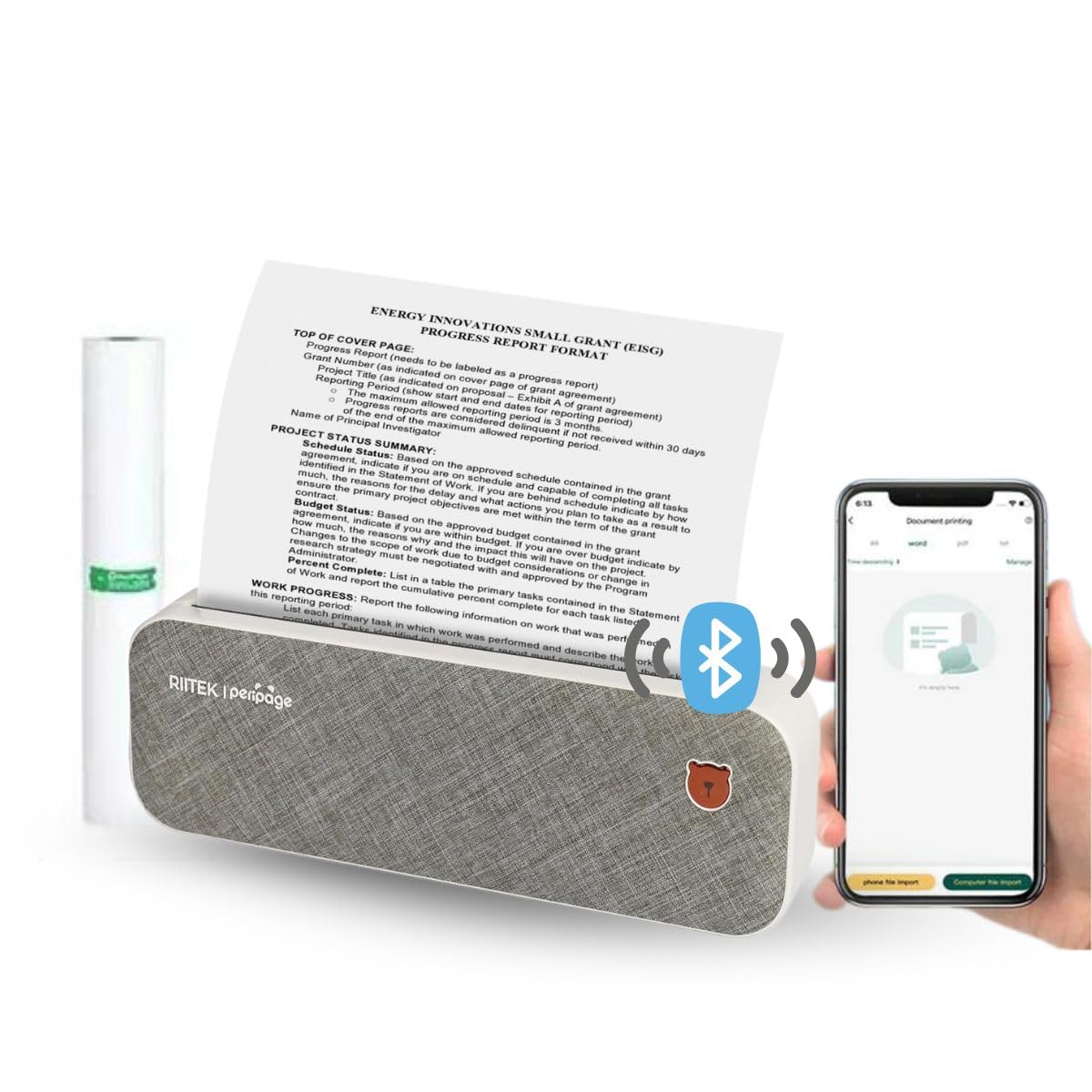 RIITEK PeriPage A4 Pocket Printer; Wireless Bluetooth Portable Inkless Thermal Printer with Paper Roll for Picture, Label, Memo, Receipt Printing (Grey)(1 Year Warranty)