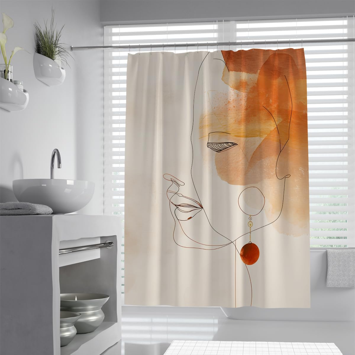 Uiringart Women's Shower Curtains Orange Terracotta Abstract Face W180xl200cm Boho Minimalist Mildew Resistant Waterproof Bath Curtains Decoration With Hook
