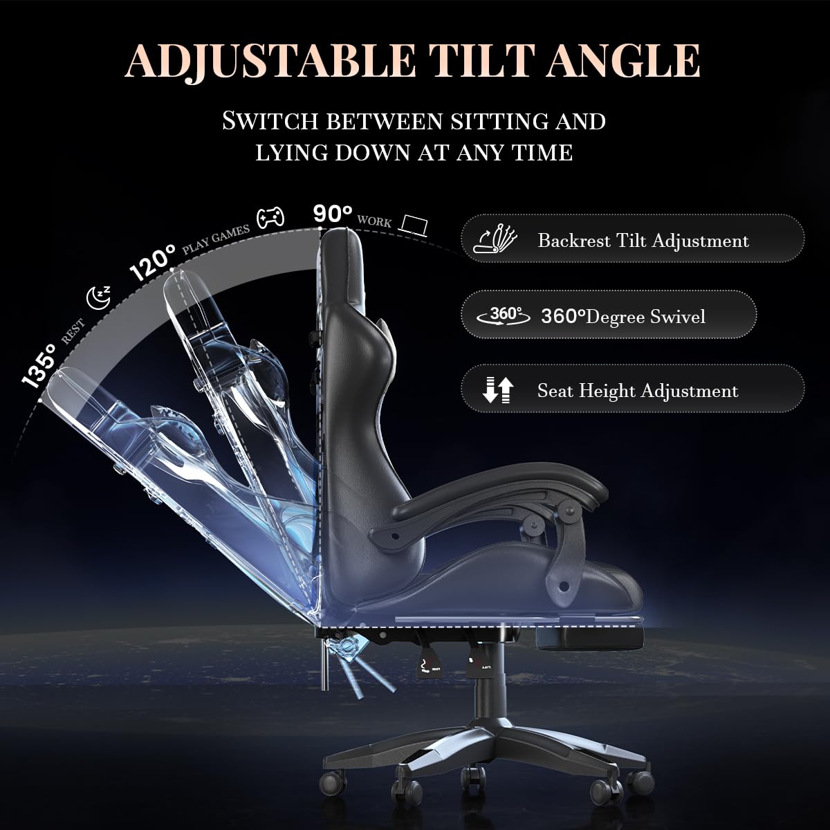 bigzzia Chaise Gaming avec Fonction Massage, Ergonomique Chaise de Gaming Ergonomique avec Coussin Lombaire Massant, Fauteuil Gaming réglable et pivotant capacité de Charge 150 kg