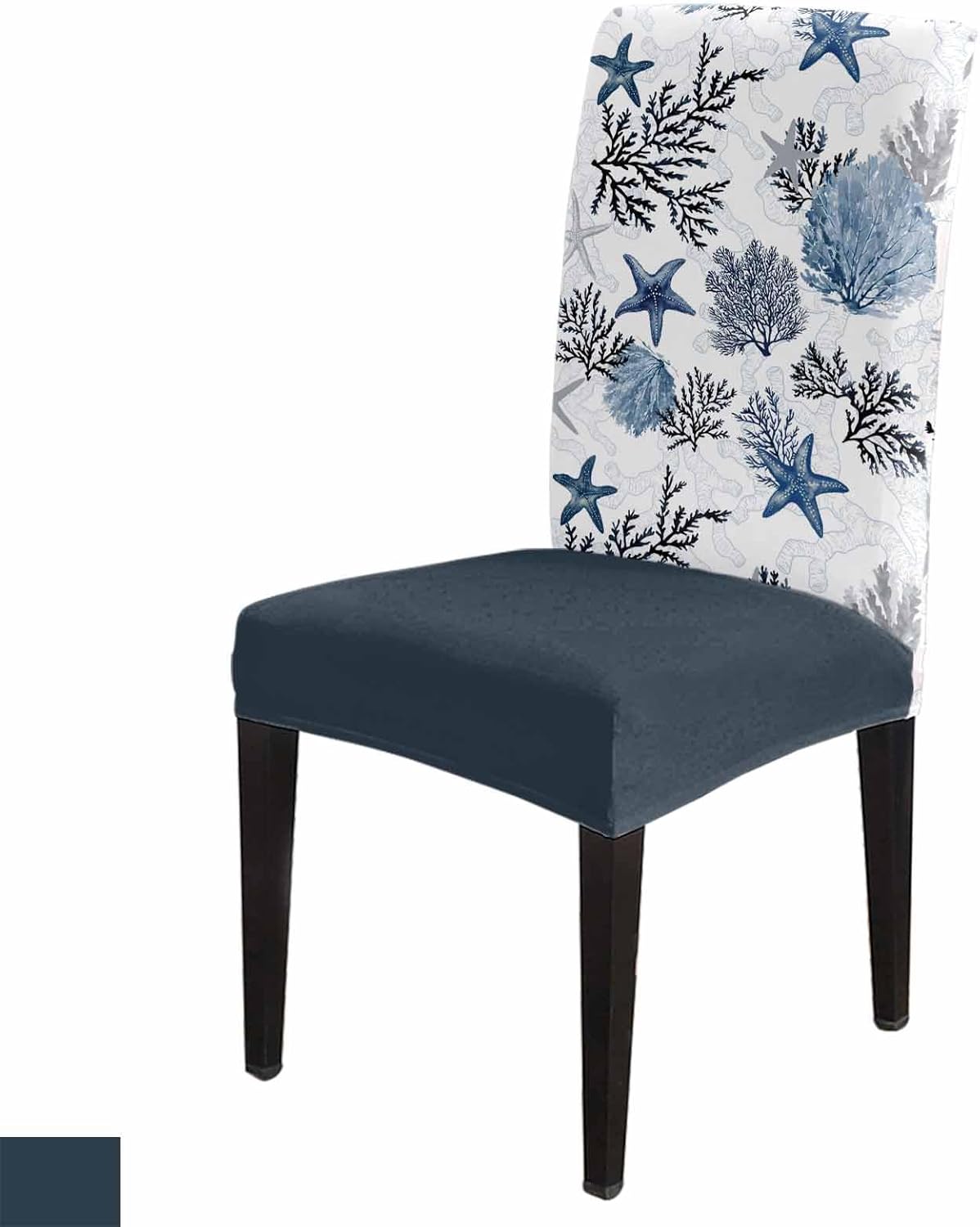 Navy Blue Starfish Coastal Dining Chair Covers Set of 4, Summer Beach Black Coral Nautical Stretch Spandex Kitchen Chair Slipcovers, Parsons Protector for Wedding Party Living Room Baby Shower