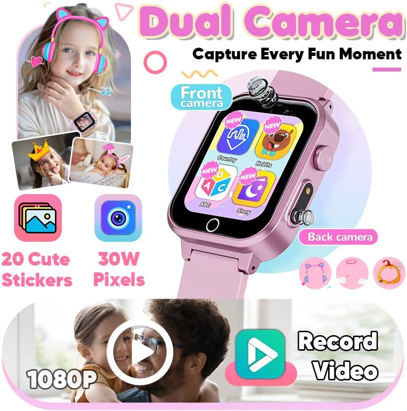 Kids Smart Watch for Girls Age 3-12 with 35 Puzzle Games, HD TouchScreen Smart Watch for Kids with Dual Camera, Video Player, Learning Card, Toddler Christmas Birthday Gifts Toy for Girls 5 6 7 8 9 10 Pink