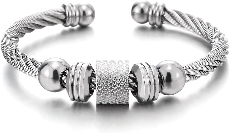Steel Twisted Cable Cuff Bangle Bracelet for Men Women with Beads Charms, Polished Adjustable