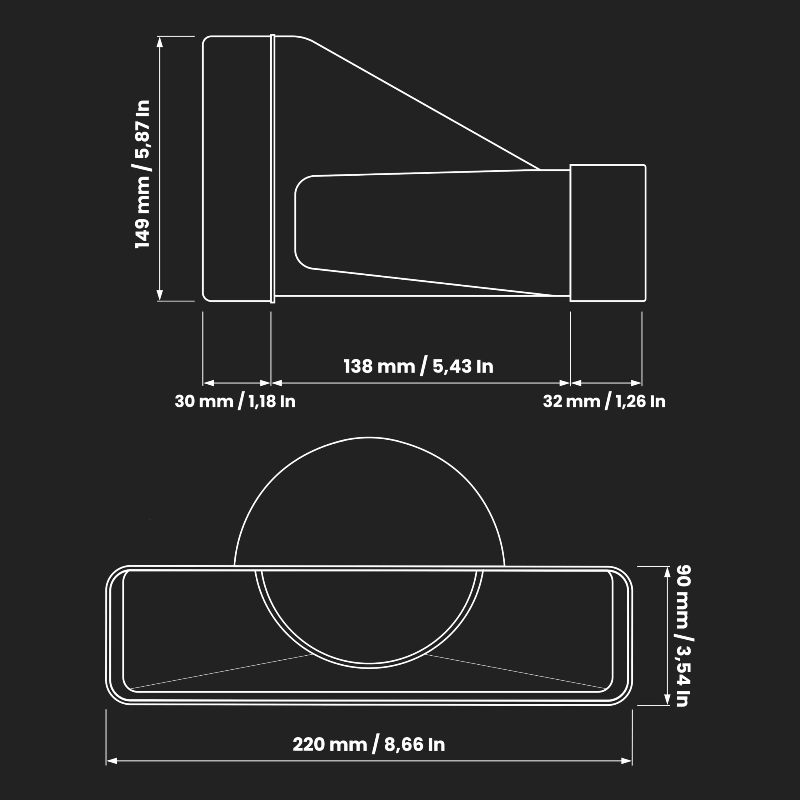Repa Market 220 x 90 mm Tubo de conexión rectangular para tubo redondo - 150 mm - Conexión - Sistema de ventilación de aire - Elemento de ventilación para espacios limitados.