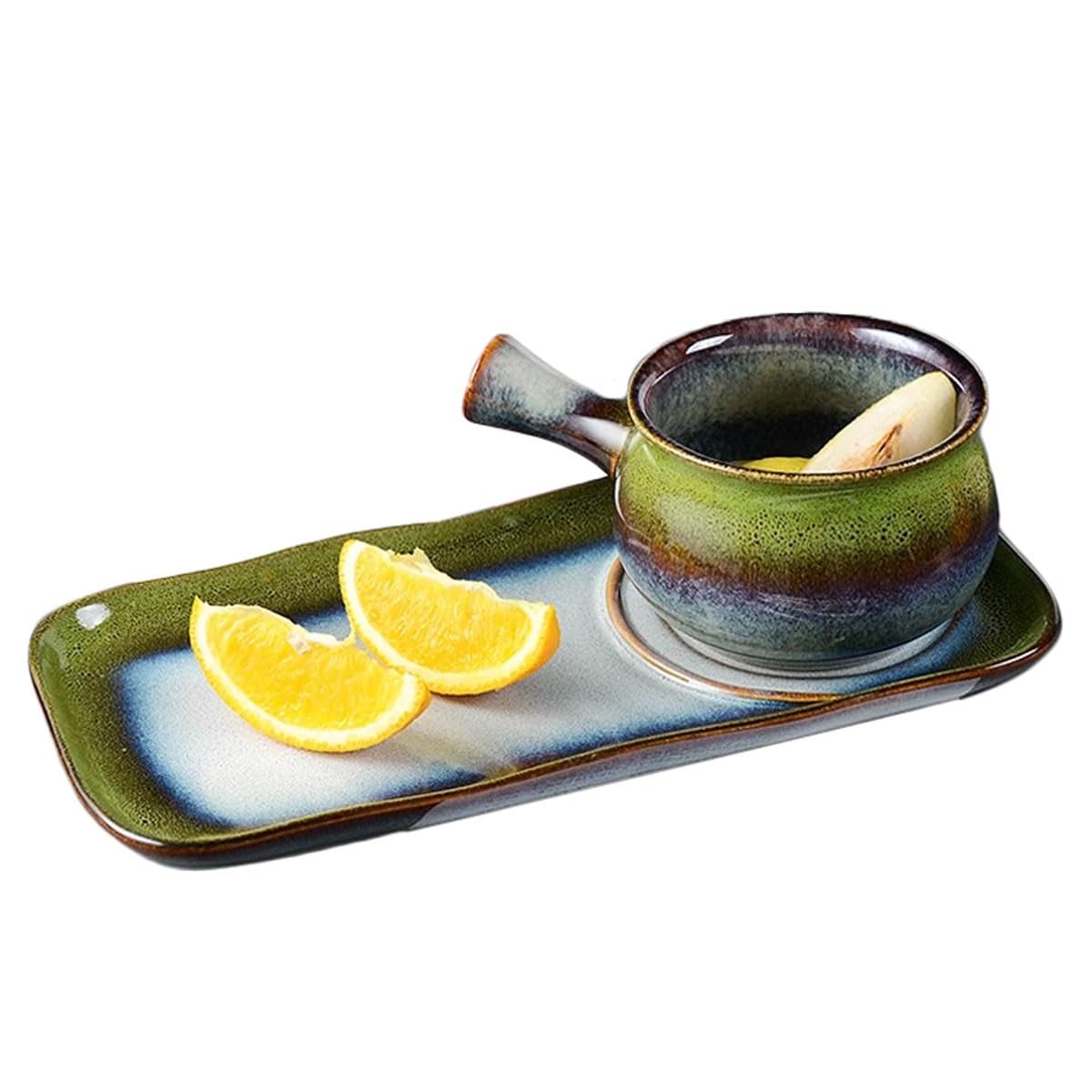 2-teiliges Retro-Frühstücksschalen-Set Aus Keramik Mit Griff, Keramik-Salat-Müsli-Obstschale Mit Untertasse, Porzellan-Tablett, Frühstücksteller, Haferflockenschale, Vintage-Schüssel(Green)