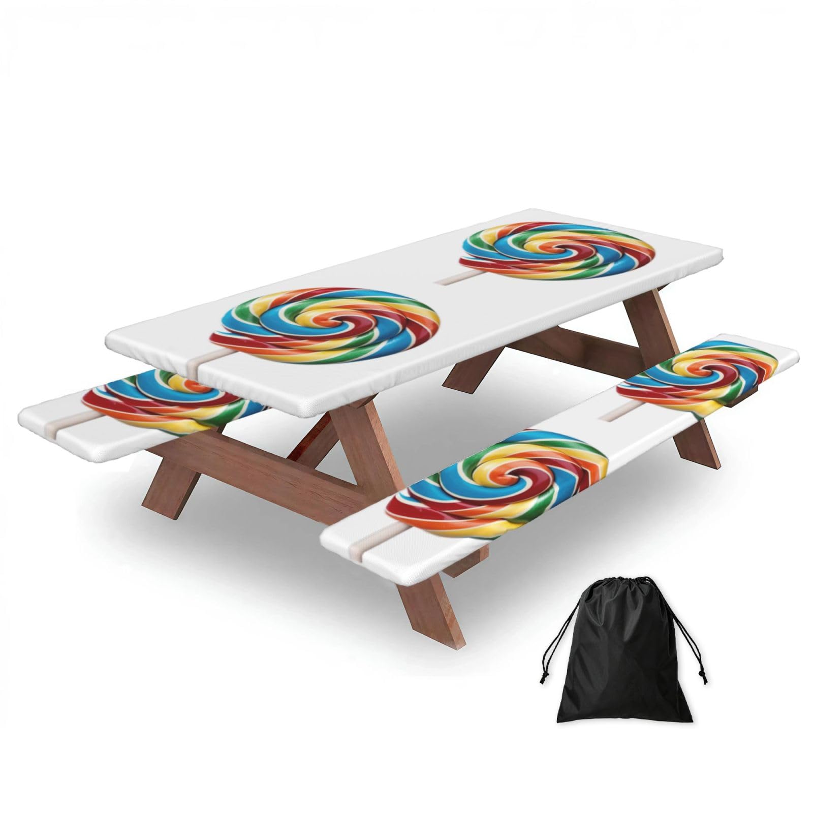 Duwaa Black Lollipop Print 183Cm Picnic Table Cover With Bench Covers, Waterproof Elastic Tablecloth Set For Outdoor