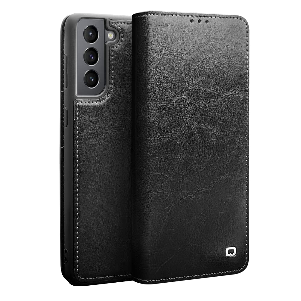 QIALINO Galaxy S21 Case, Slim Folio Flip S21 Wallet Case Genuine Leather Bracket Function Cover with Card Slot for Samsung S21 Unlocked Phone, Black,6.2 inch