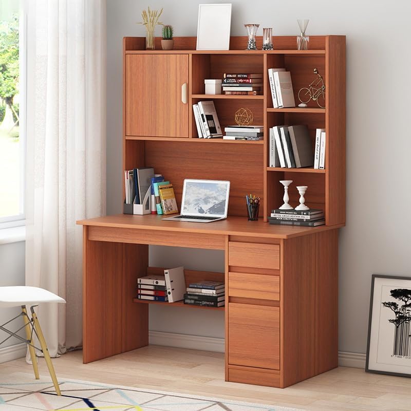 LITFAD Modern Computer Desk Work from Home Desk with Hutch, Bookcase and Integrated Cable Management, Rectangular Wood Office Desk 3 Drawers, 39.4" L x 17.7" W x 64.2" H, Brown