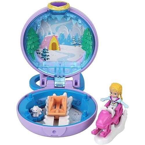 Polly Pocket Polly Snow Cabin Compact with Removable Snowmobile, Bunny Figure, Photo Customization, Micro Polly Doll & Sticker Sheet; for Ages 4 Years Old & Up