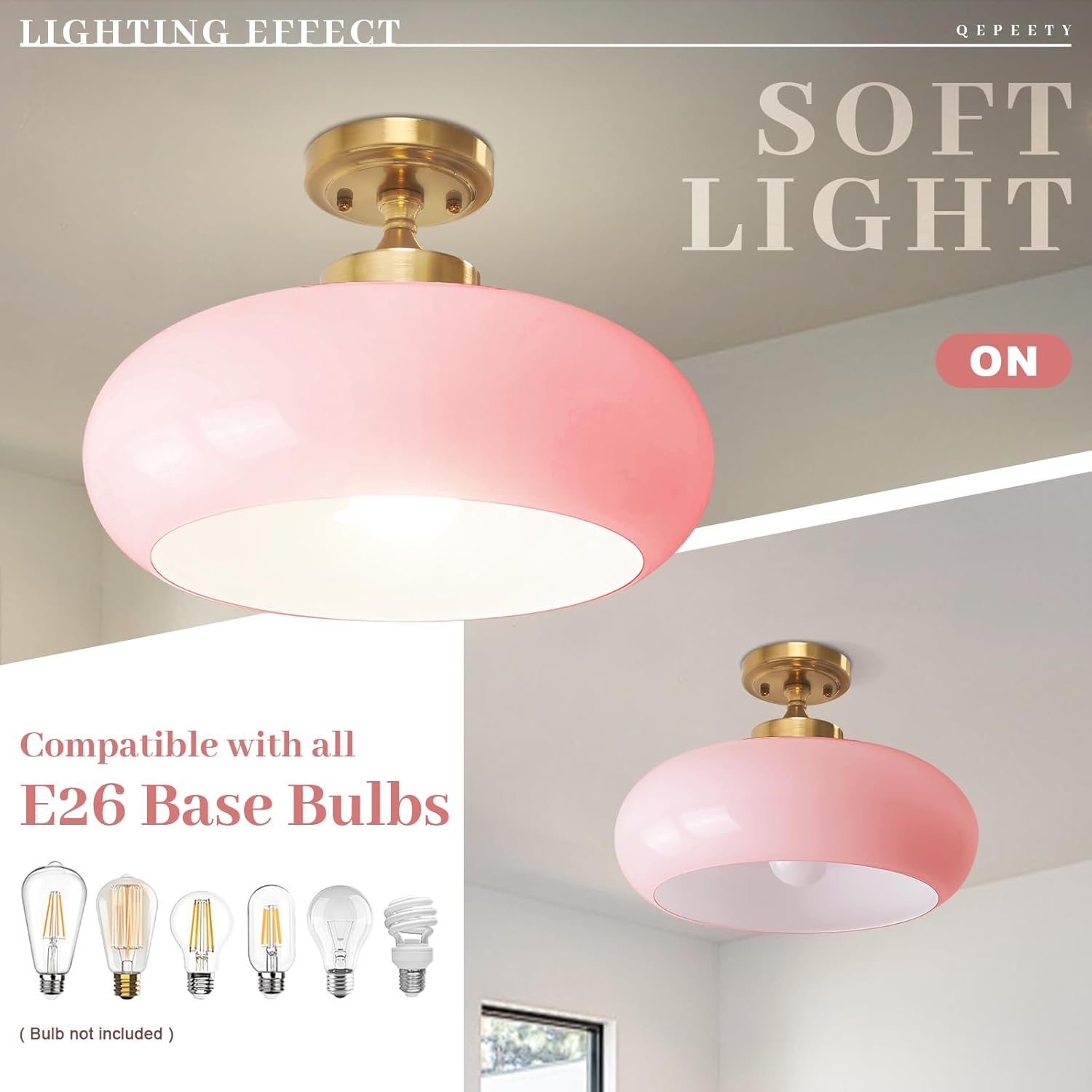 Pink Glass Ceiling Light Fixture, Blush Retro Flush Mount for Girls Room Nursery, Bedroom, 15.74 Inch Vintage Ceiling Light with Gold Metal Base, E26 Socket (Bulb Not Included)