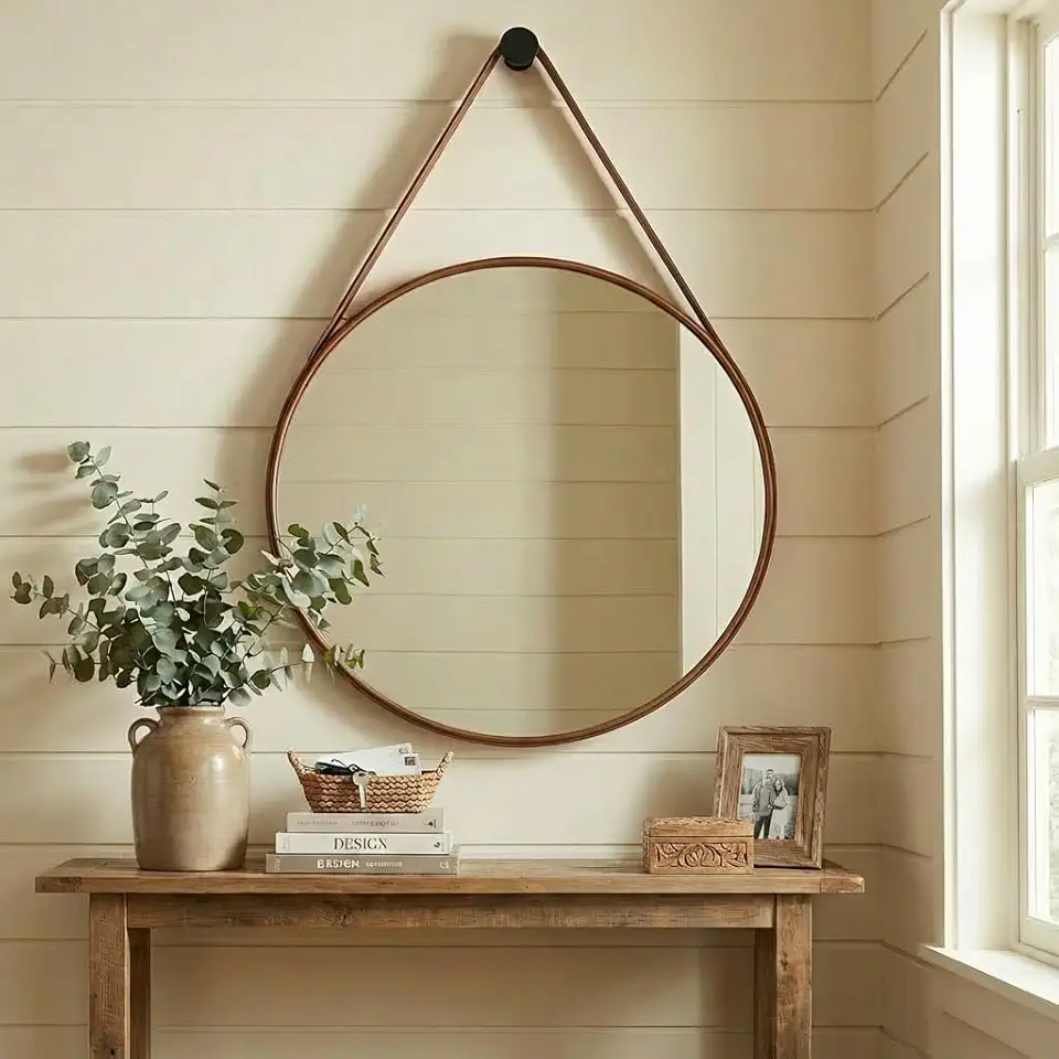 Espelho Adnet Redondo 80cm com Alça em Couro Design Moderno para Sala Quarto Banheiro Hal 3mm de Espessura com Suporte Incluso (Caramelo)