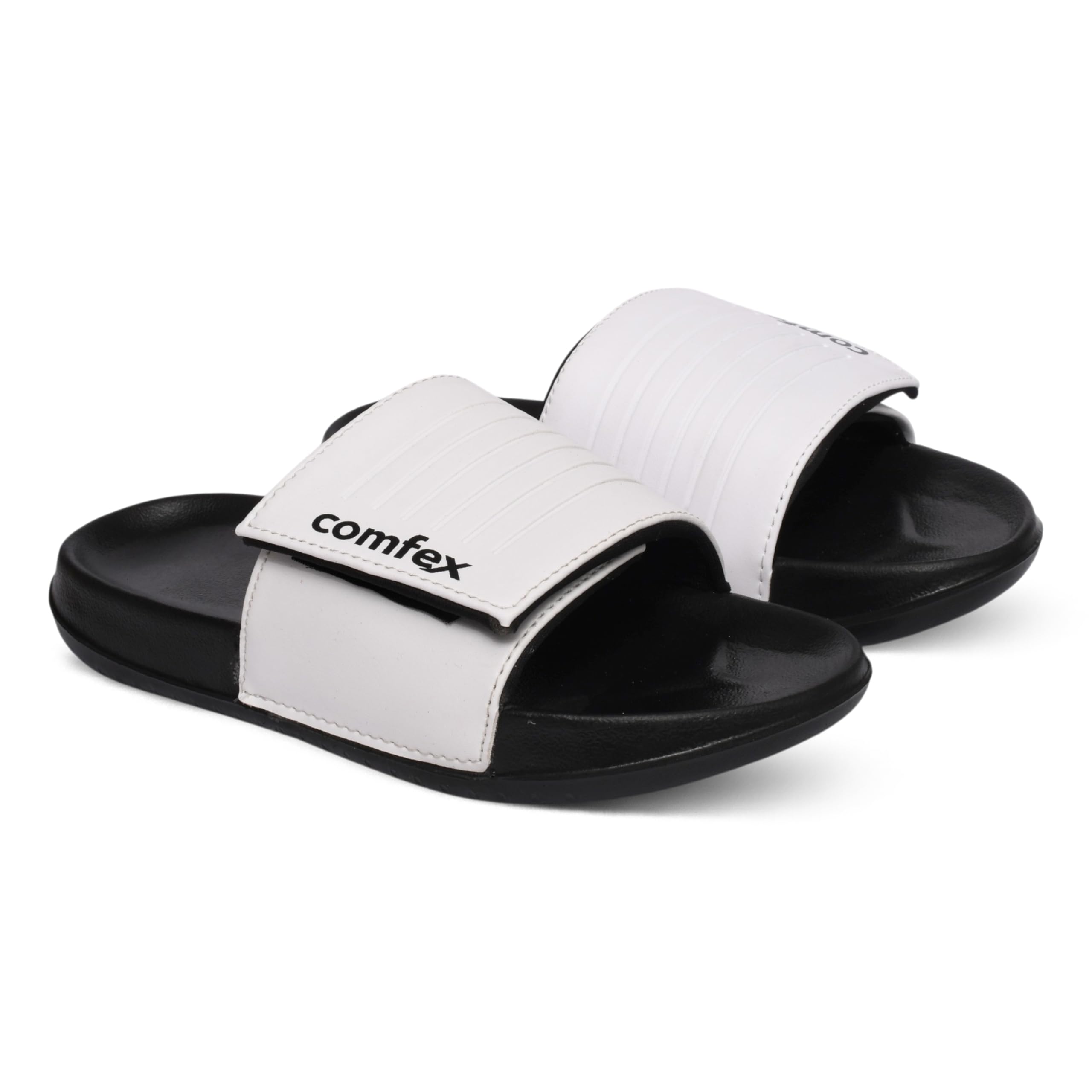 comfex Men's Slide Sandal, Adjustable Velcro, Black and White, Non-Slip Cushioned Footbed, for Indoor, Gym Shower, and Casual Summer Wear-picture-16