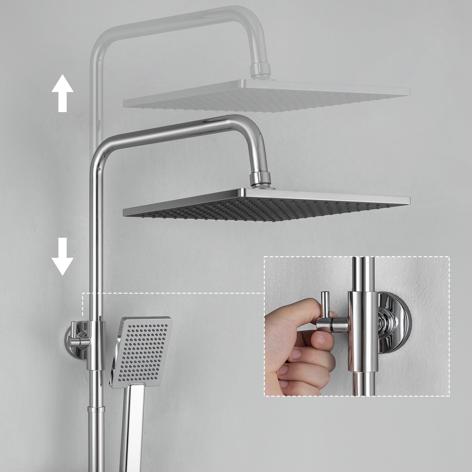 Auralum Colonna Doccia con Miscelatore Soffione e Doccetta Saliscendi Acciaio Inox Altezza Regolabile 90-130cm Cromo Quadrato 25cm