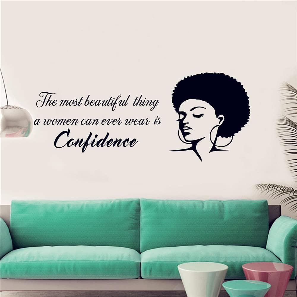 Beauty Black Women Wall Decal – “The Most Beautiful Thing a Woman Can Wear is Confidence” Quote – African Decor Vinyl Sticker for Bedroom, Makeup Store or Living Room AFN41 (Black) image 5