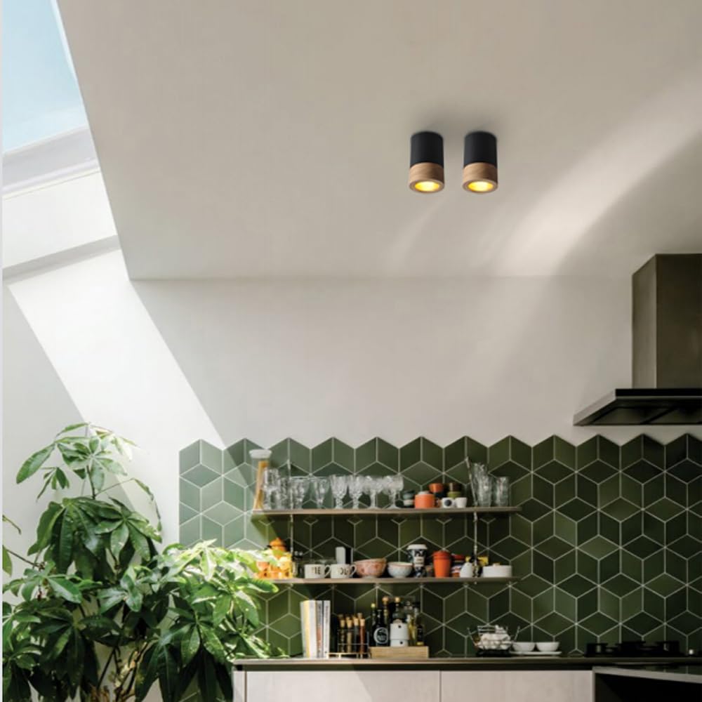 Lampara Techo Focos 2pcs,Lámpara De Techo Industrial Negro,Focos Interior Techo Metal y Madera,Retro Gu10 Lamparas De Techo Dormitorio De Diseño Para Sala De Estar Pasillo Cocina