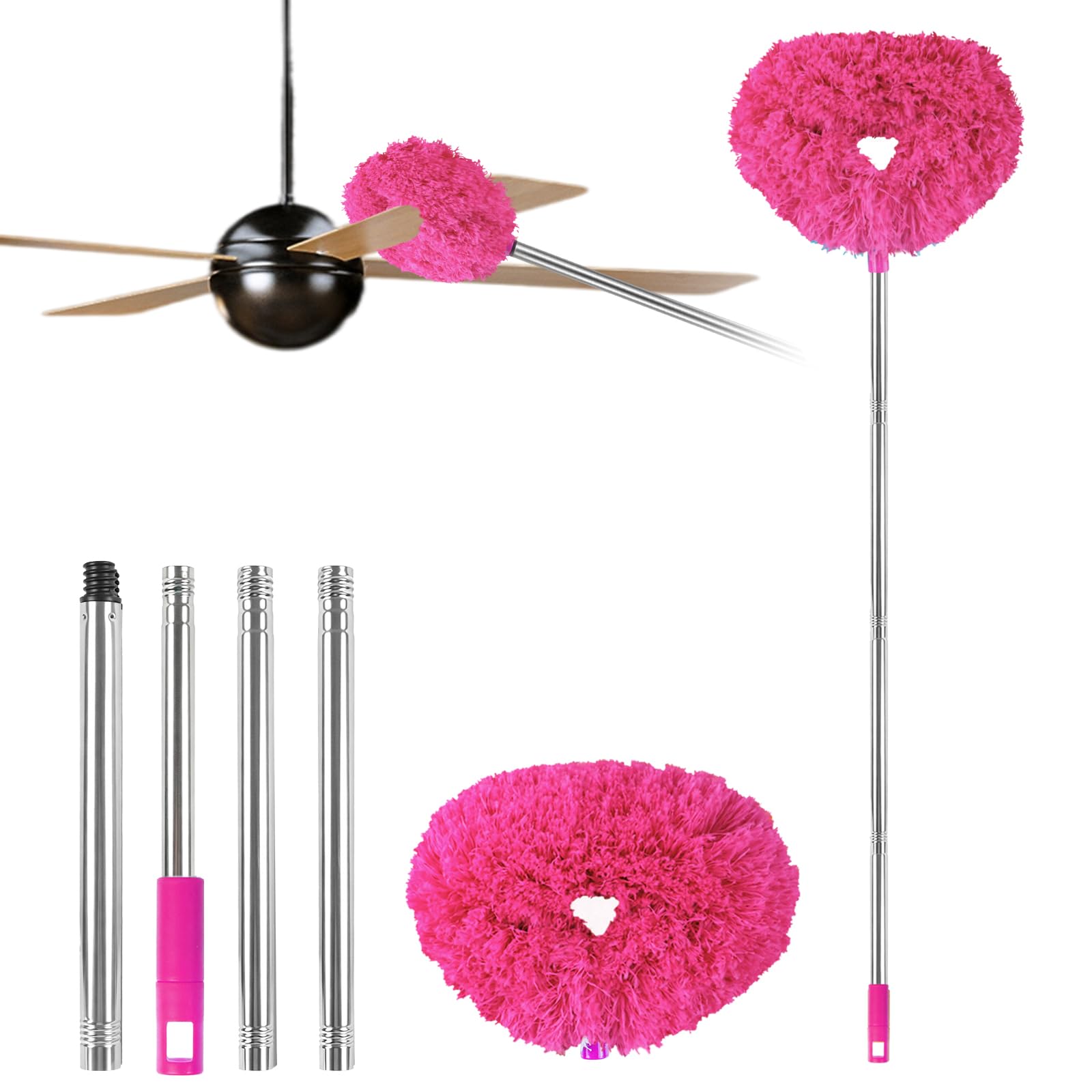 Ceiling Fan Cleaner Duster Reusable Microfiber Ceiling Fan Blade Cleaner Removable Duster with Extension Pole Adjusts 13 to 49.7 Inch for Cleaning Walls Bookshelves Furniture Door Window Top (Rosy)