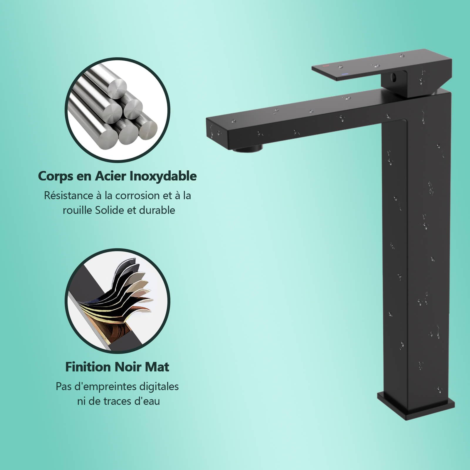 Robinet Salle Bain Noir, Mitigeur Lavabo Haut pour Vasque à Poser BuntHaus | Robinetterie Moderne en Acier Inoxydable, avec Aérateur Amovible, eau Chaude et Froide, Sans Plomb et Installation Facile