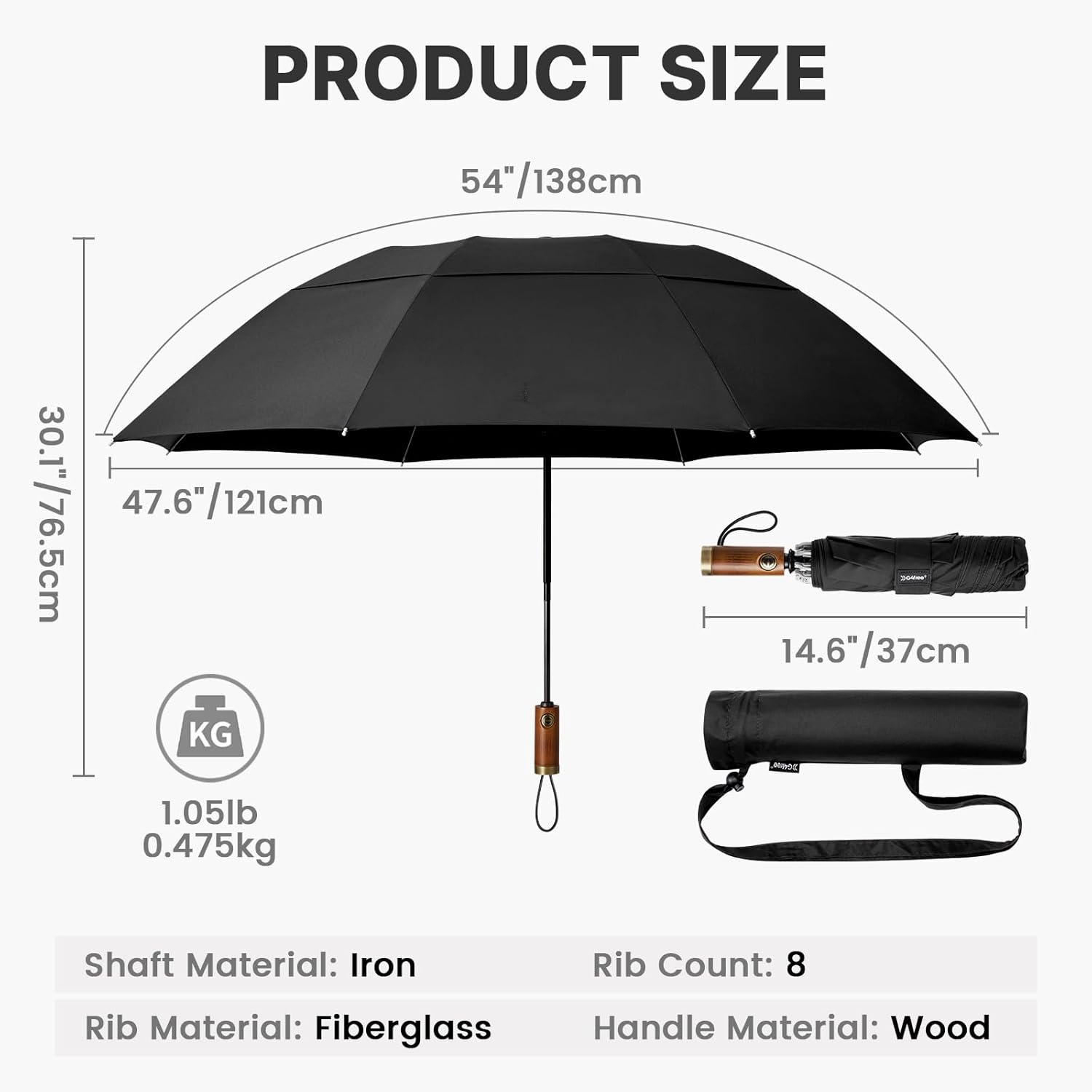 G4Free 54 Inch Inverted Windproof Umbrella with Wooden Handle, Large Double Canopy Auto Open & Close Golf Umbrella, Portable & Durable Rain Umbrella, Fits Car & Backpack - Image 2