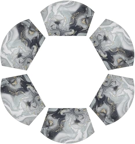 Miniatura 8 de Juego de 4 manteles individuales de PVC con diseño de mármol para mesa redonda, con tapete redondo para centro de mesa, pintura artística, negro,