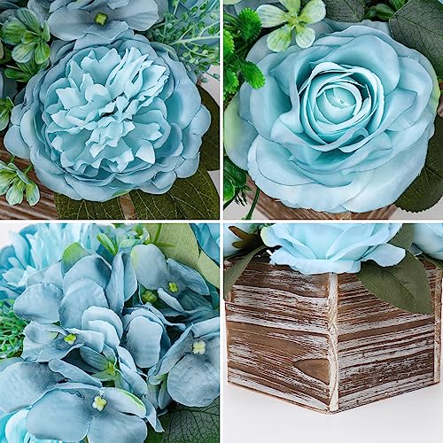 Flower Arrangement With Wooden Vase 8" Artificial Flowers In Pot - Fake Flowers Roses Peonies Hydrangeas In Wooden Vase Potted Artificial Flower Centerpieces For Table Decor Living Room - Dusty Blue #TOP2