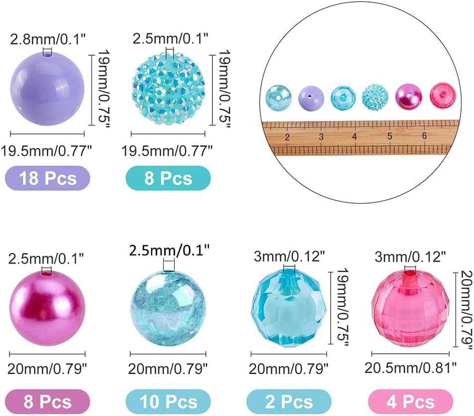 PH PandaHall 50pcs Chunk Beads, 20mm Bubblegum Beads Colorful Pen Beads Large Rhinestone Pearl Beads Loose Beads Round Spacer Beads for Jewelry Bracelet Necklace Pen Bag Chain Making Crafts Supplies