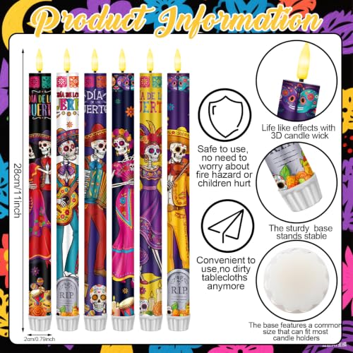 Image of 6 Pack Dia De Los Muertos LED Flameless Taper Candles with Remote, Sugar Skull Skeleton Battery Operated Candles Mexican, Day of the Dead Decorative Candle for Altar Table Home Party Decor