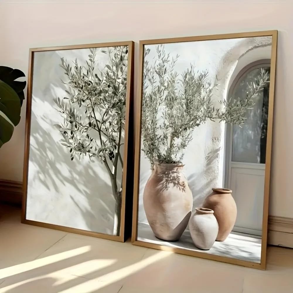 GKUVBF Olive Tree Shadow Vase Wall Art Printing,Mediterranean Plants,Neutral Wall Plant Landscape Canvas Printing(60x80cmx2/Frameless)