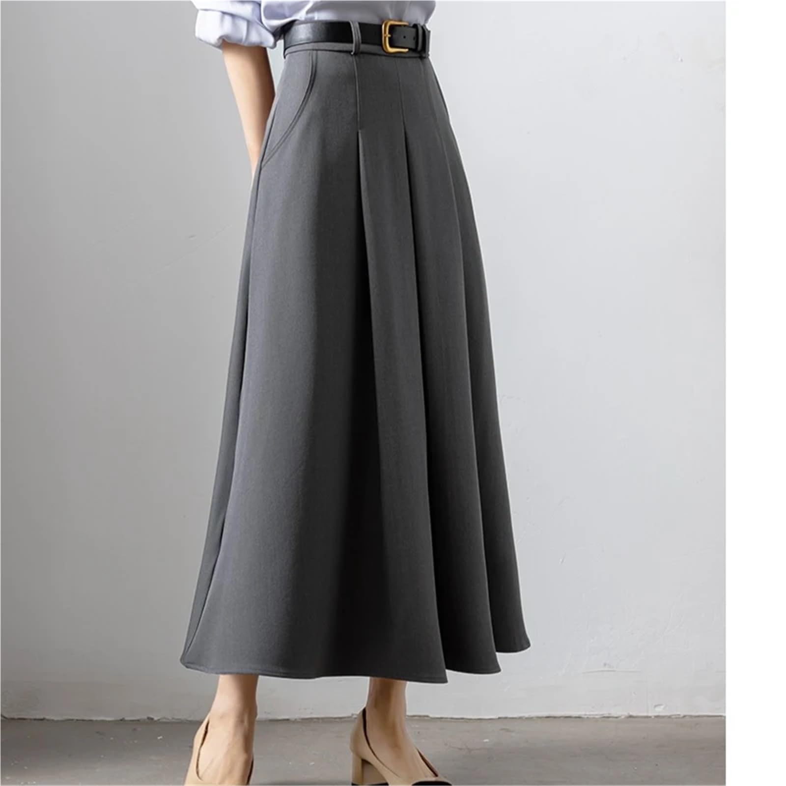 Falda Larga Faldas elegantes de otoño for mujer, cintura alta, con bolsillos, lisas, informales, holgadas, plisadas, oficina, corte A