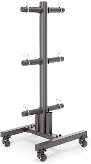 MARCY 6-Peg Olympic Plate Rack and Vertical bar Holder with Clips and Transport Wheels for 2-Inch Weight Plates PT-5856, Black, One Size