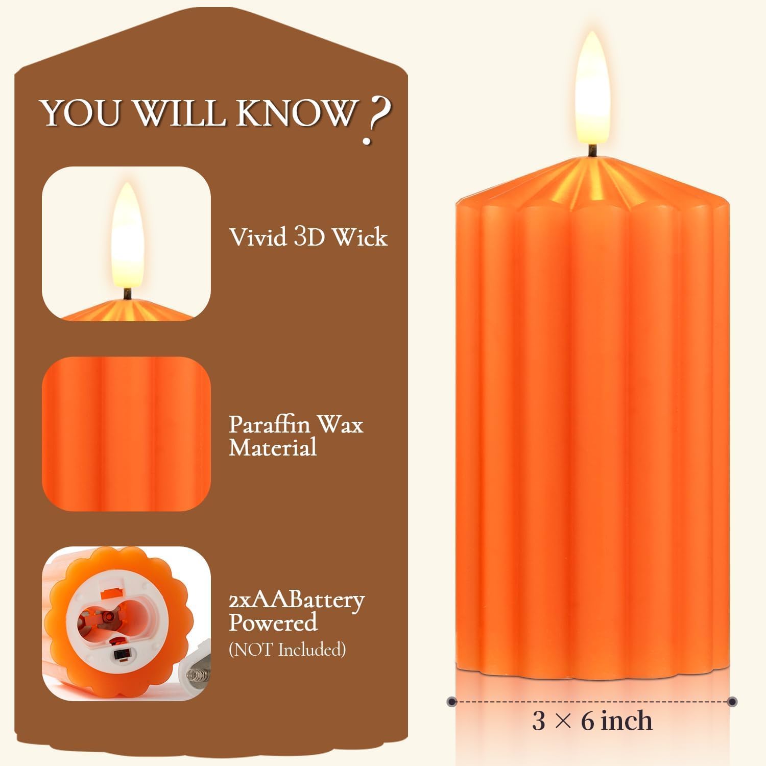 Ribbed Pillar Flameless Candles(2.6x6) - Pumpkin Color Battery Candles with Remote, Real Wax LED Candle with Timer, Dimmable, 3D Wick, Warm Lighting for Halloween Decor, Orange Candle, 2 Pack