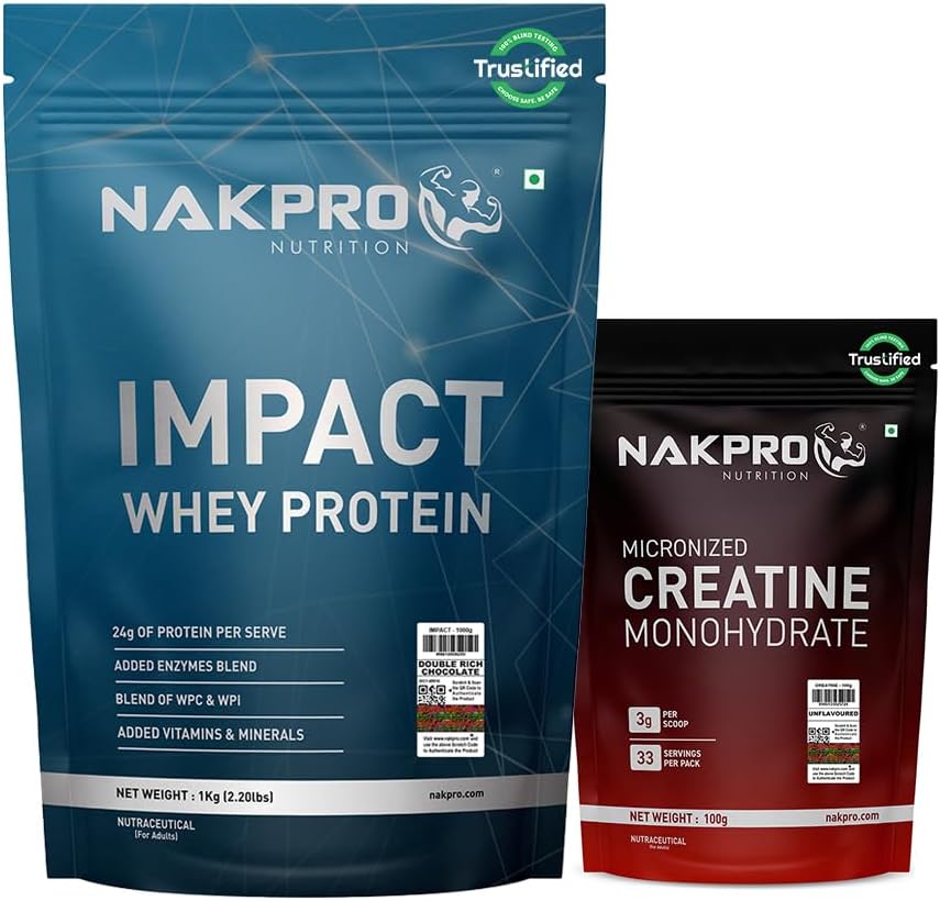 NAKPRO NUTRITION Impact Whey Protein Supplement Powder Combo | 1 Kg Double Rich Chocolate with 100g Creatine | Trustified Certified